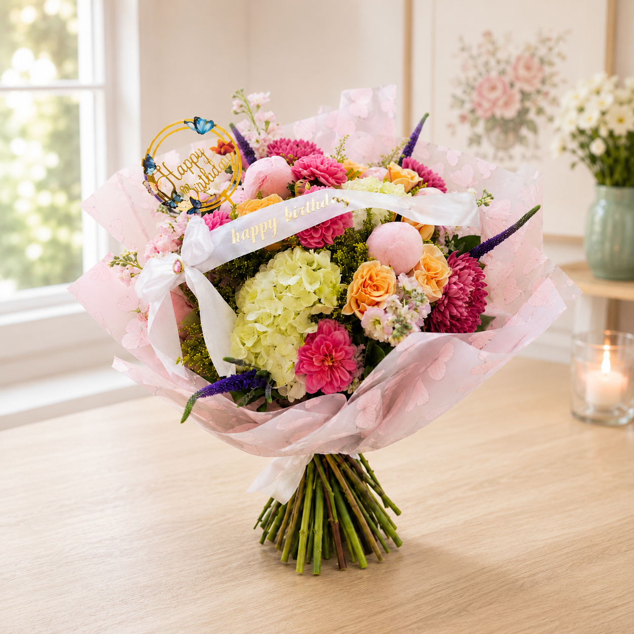 Colorful bouquet of flowers with 'Happy Birthday' card on a wooden table.